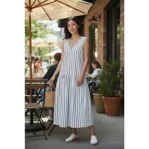 Vintage 80s Cotton Sleeveless Striped Cottagecore Jumper Dress AVOCADO Sz Small